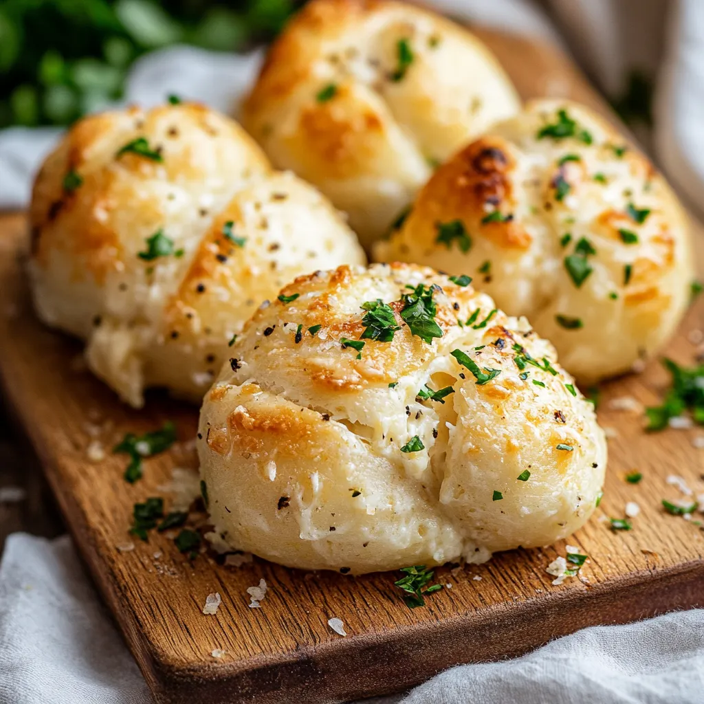 Four cheese breads on a wooden board.