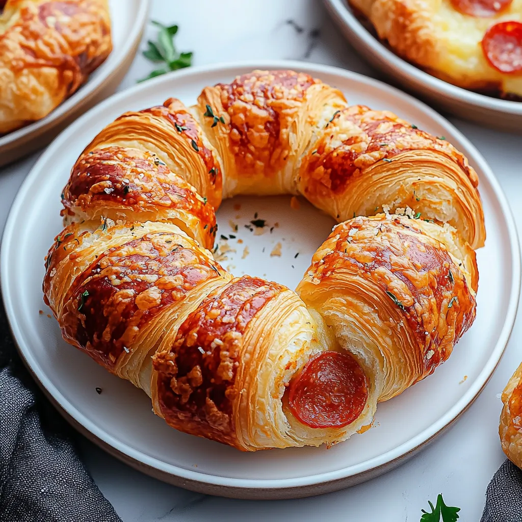 A croissant with a pepperoni slice in the middle.