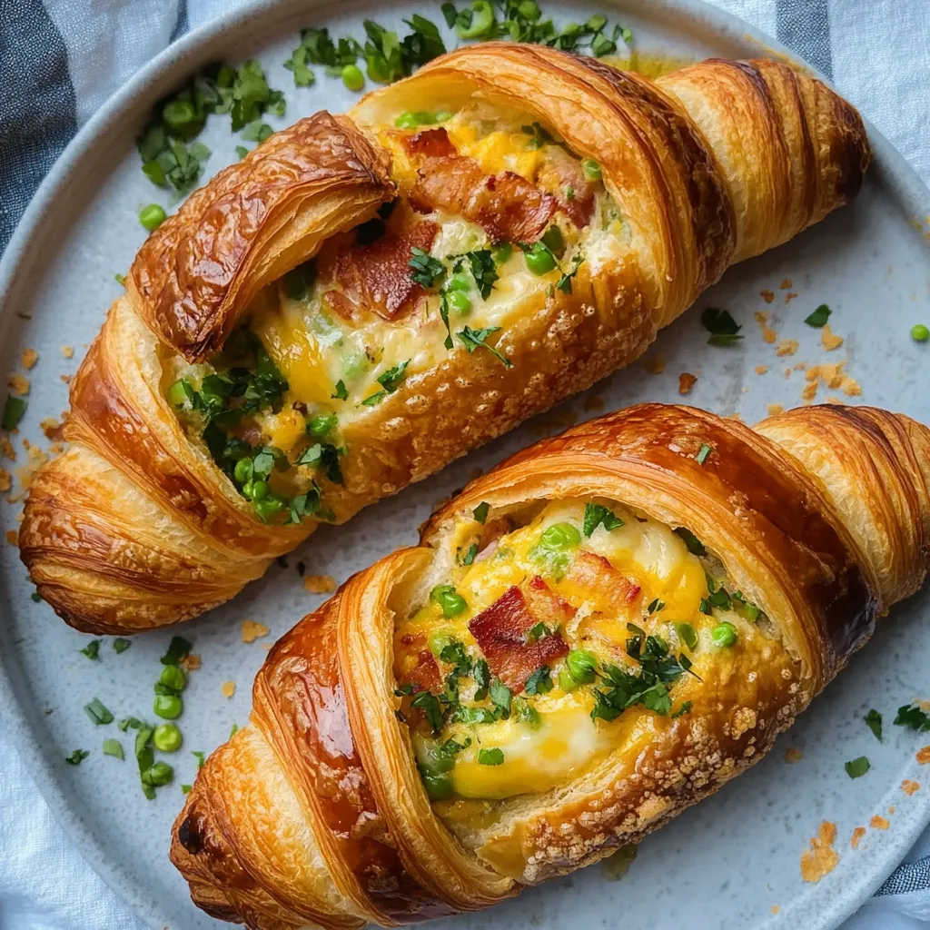 Two croissants with bacon and cheese.
