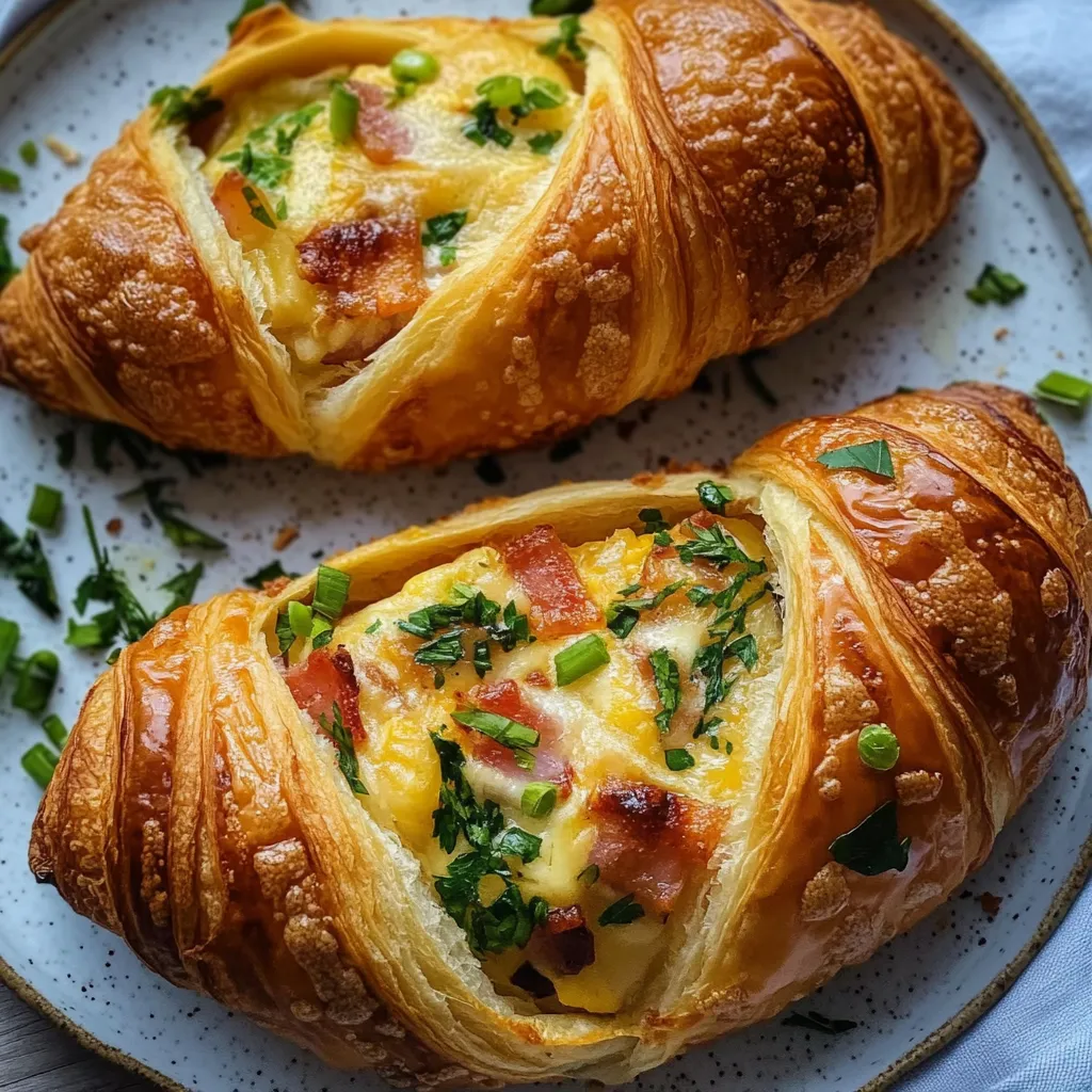 Two croissants with cheese and bacon.