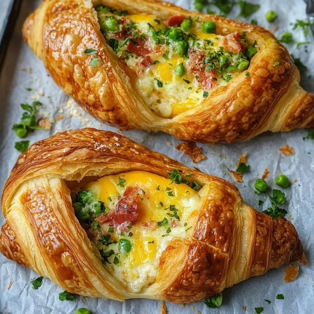 Two croissants with eggs and peas inside.