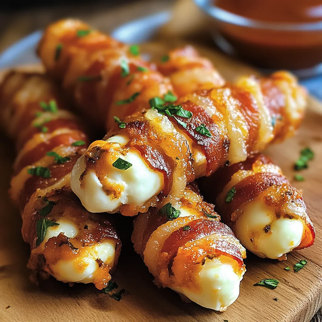 Bacon wrapped cheese sticks on a wooden cutting board.