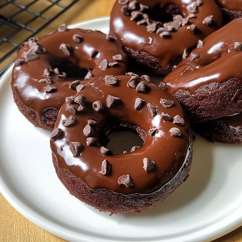 Chocolate donuts with chocolate chips on a plate.