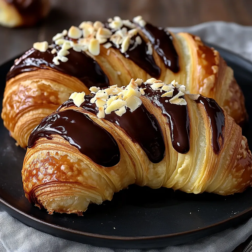 A plate of chocolate covered croissants.