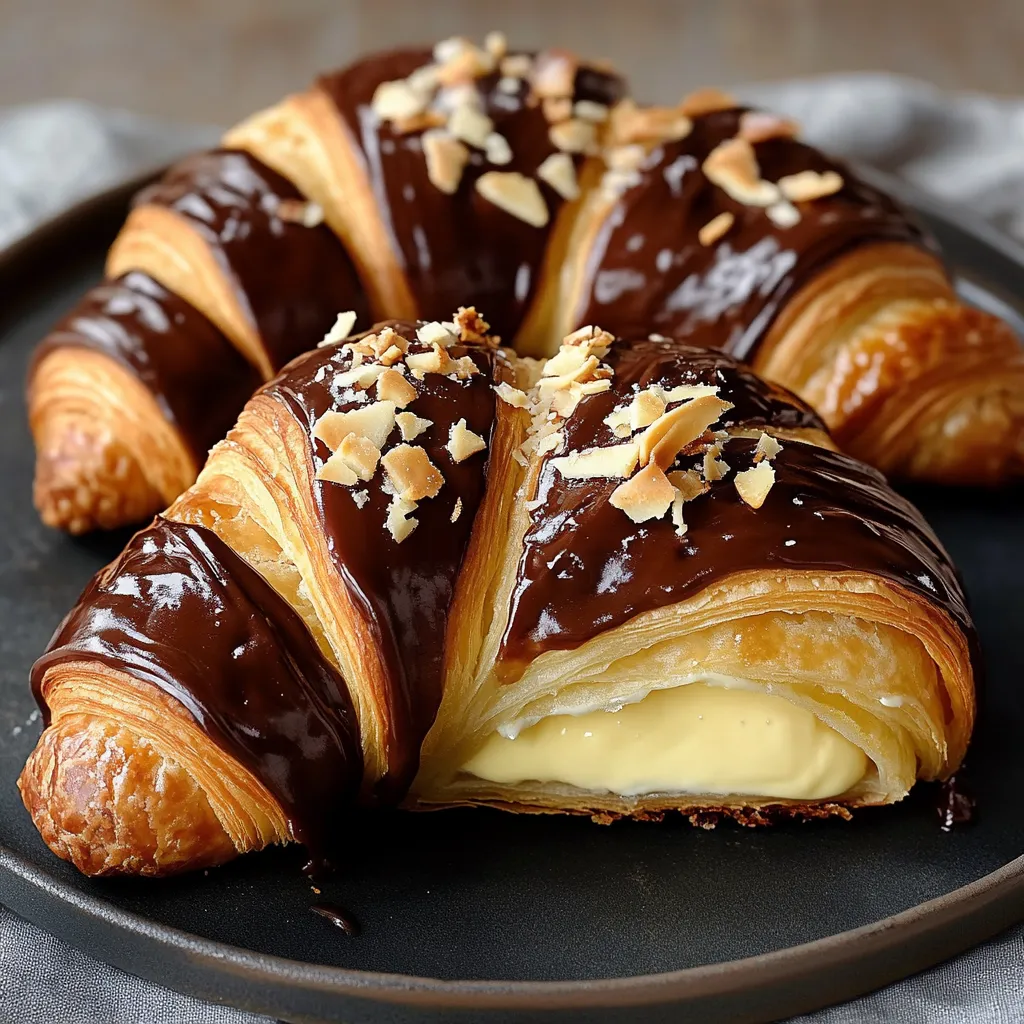 A plate of croissants with chocolate drizzled on top.
