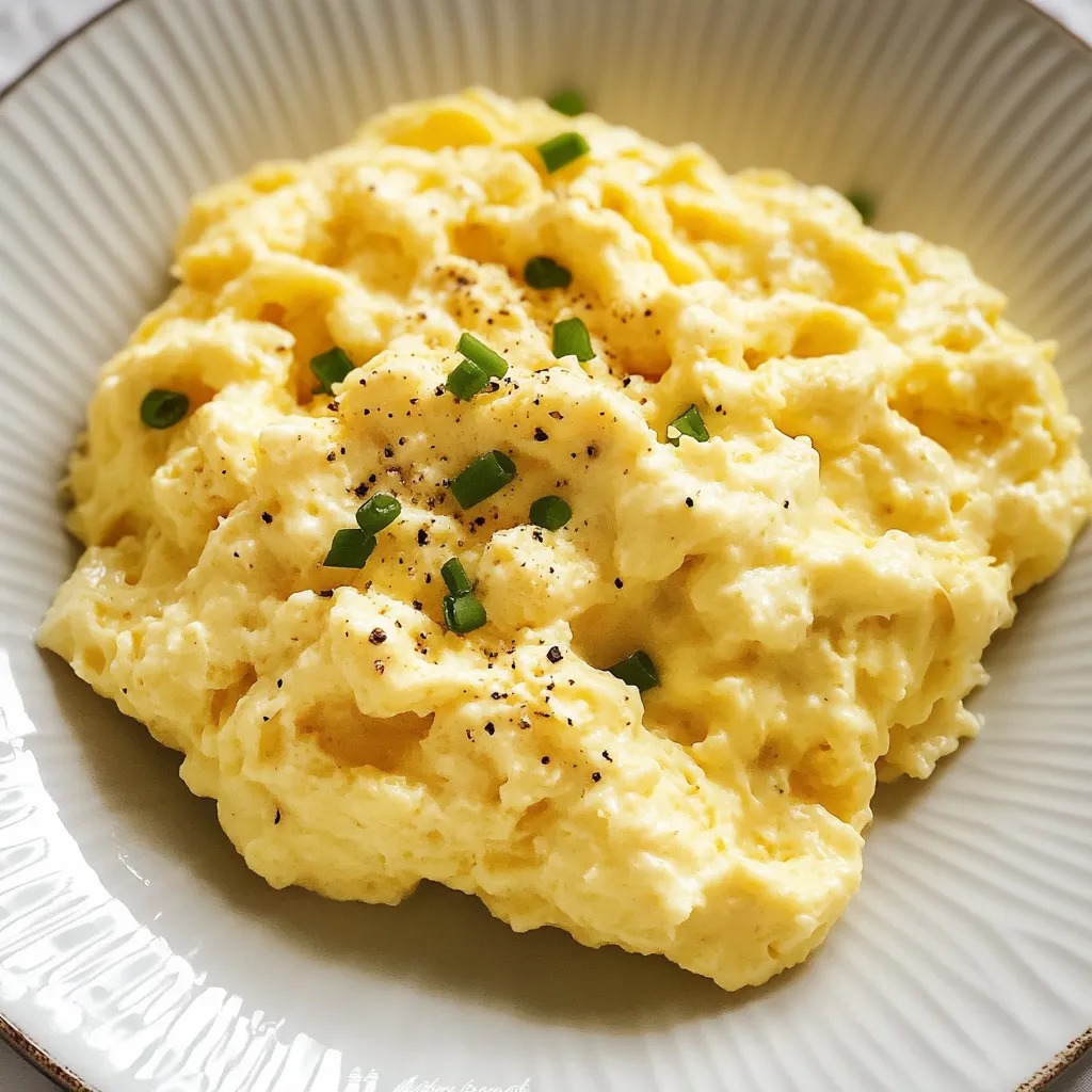A plate of scrambled eggs with green onions.