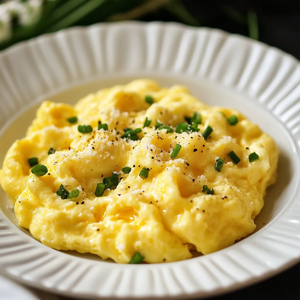 A plate of scrambled eggs with parsley.
