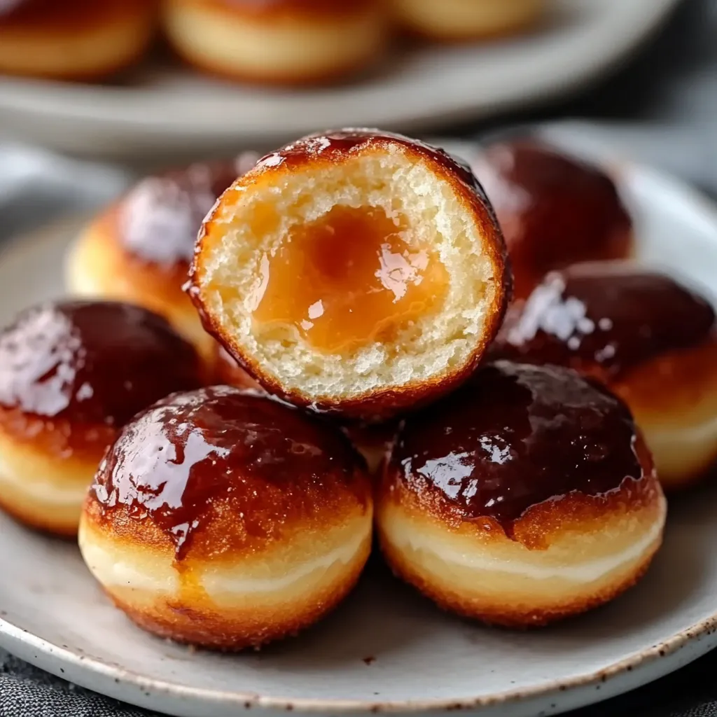 A plate of donuts with jelly in the middle.
