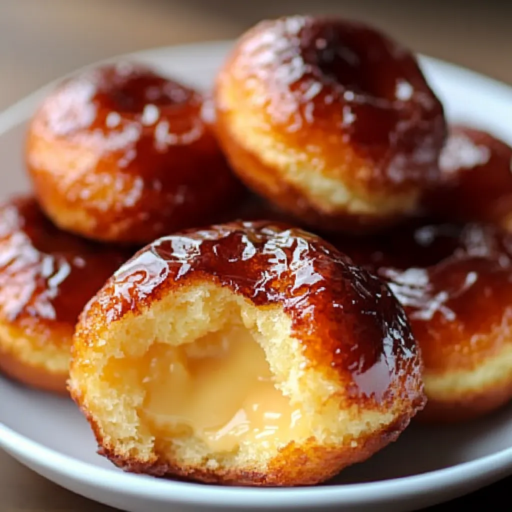 A plate of donuts with jelly in the middle.