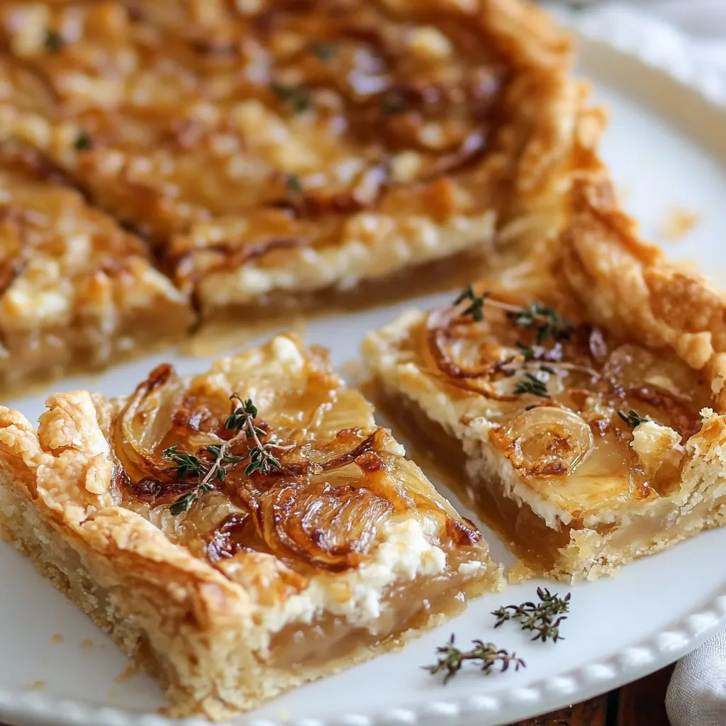 A slice of pie with onions on a white plate.