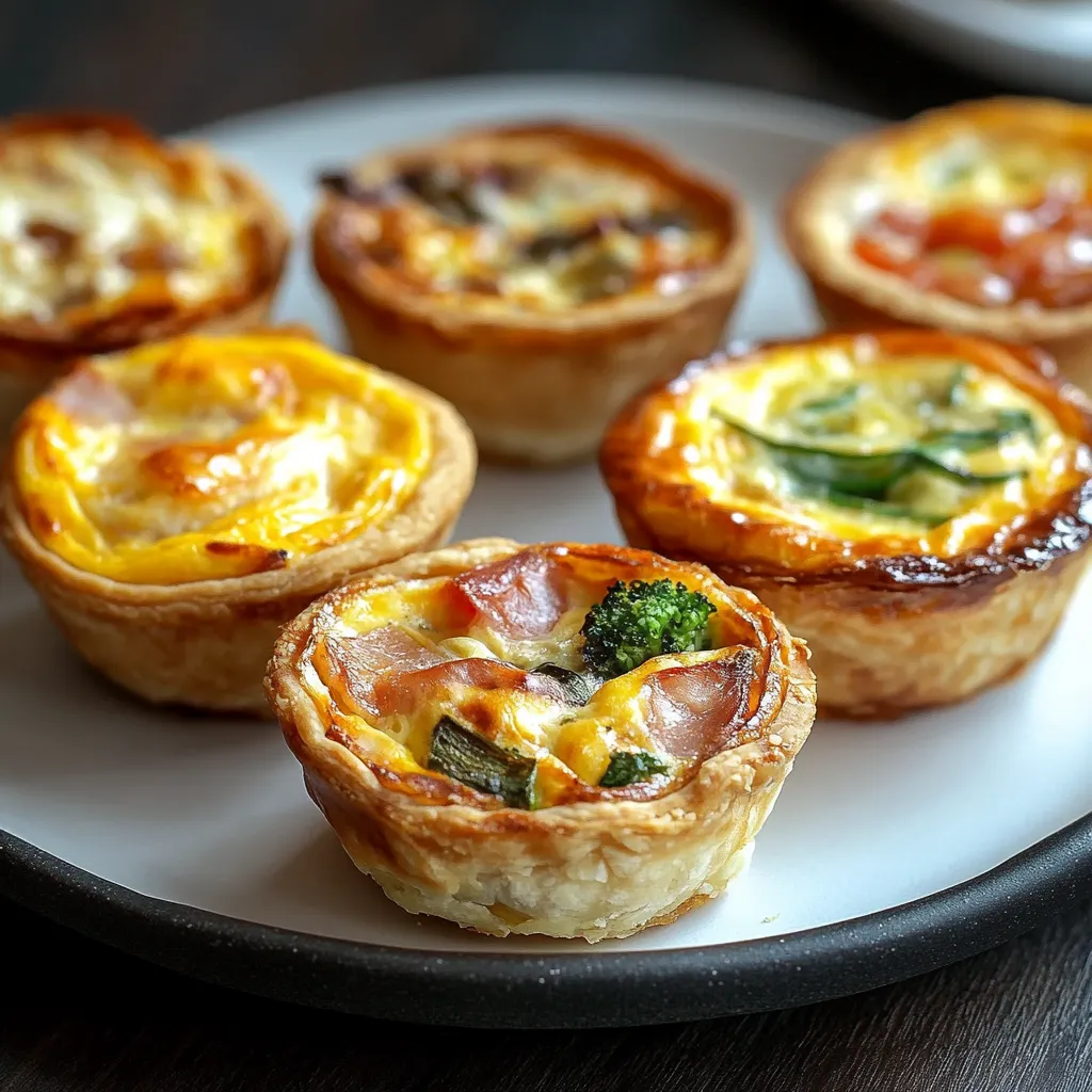 A plate of 6 different flavored mini quiches.