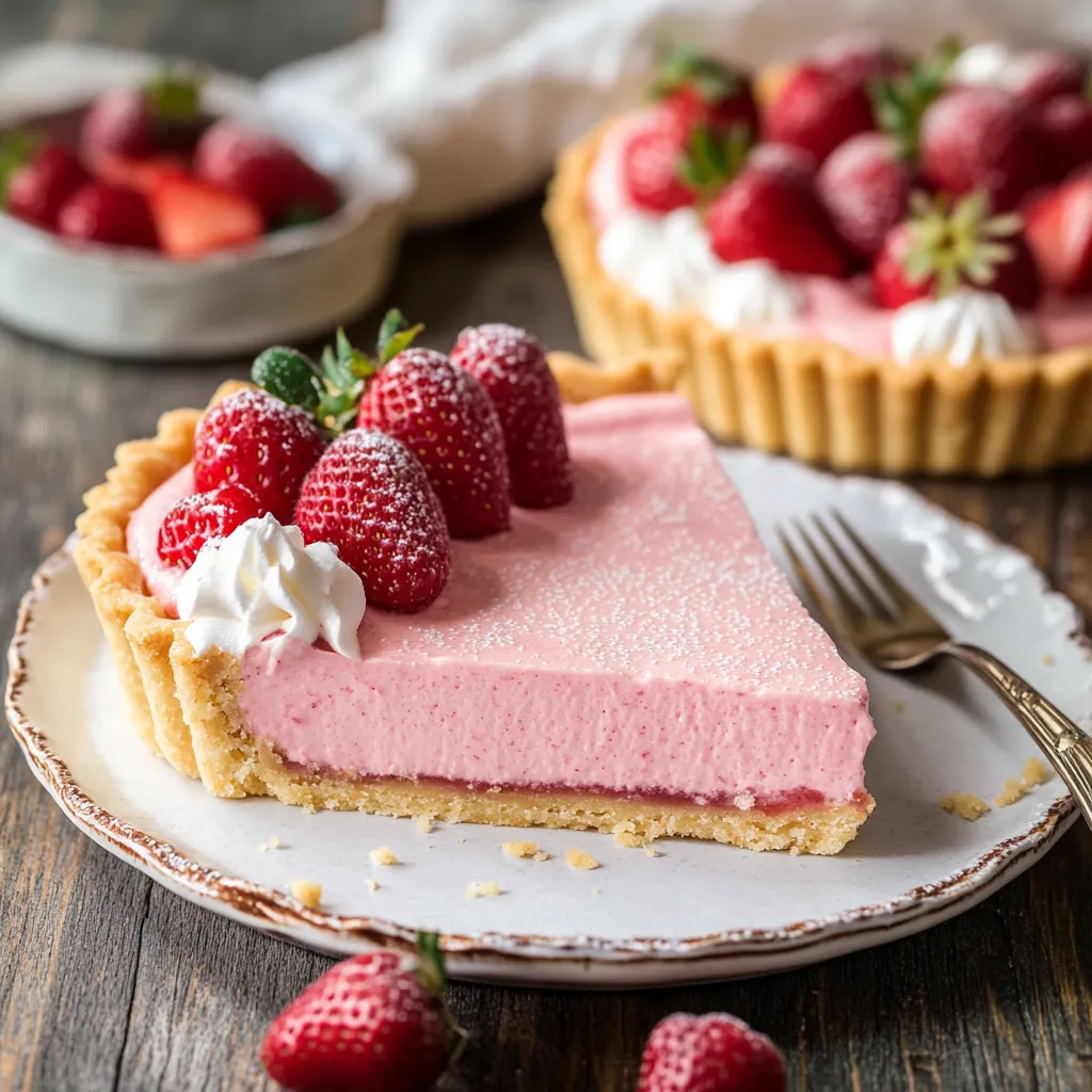 A slice of strawberry cheesecake on a plate.