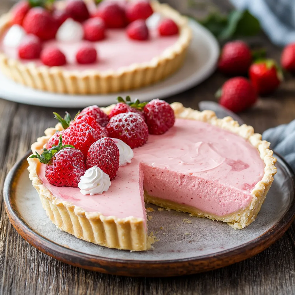 A slice of pink cake with strawberries on top.