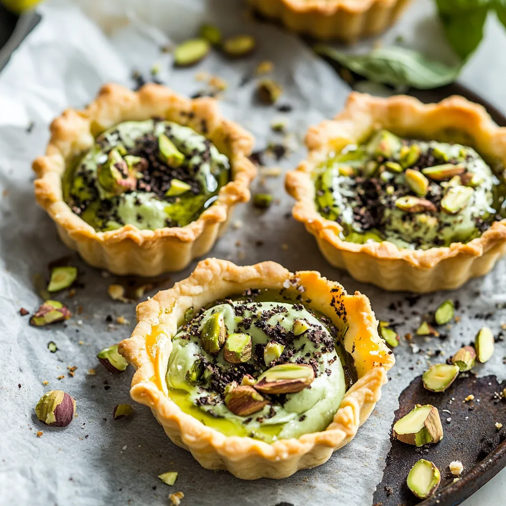 Three small pies with green toppings.