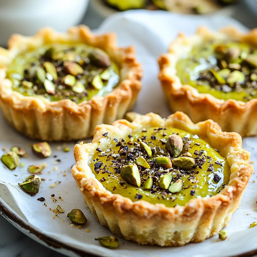 Three small tarts with almonds on a plate.