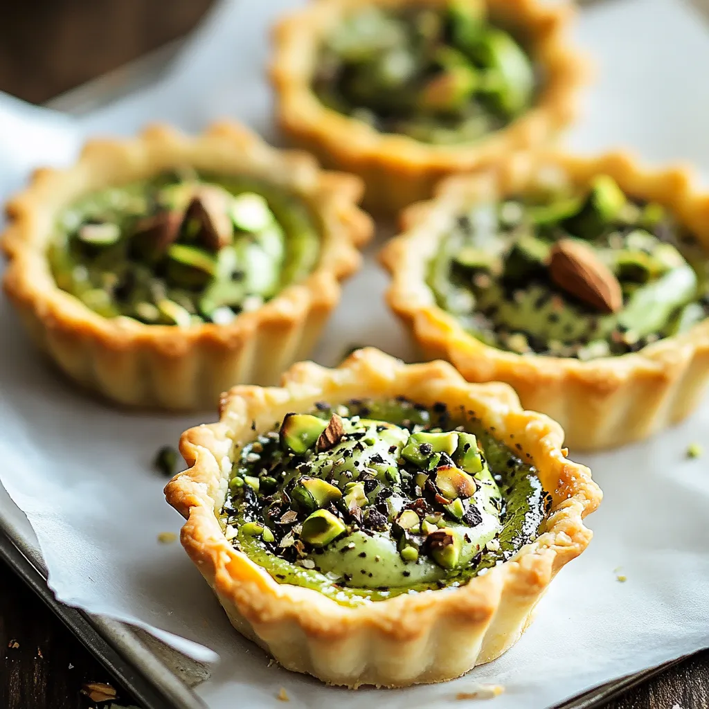 Three small green pies on a tray.