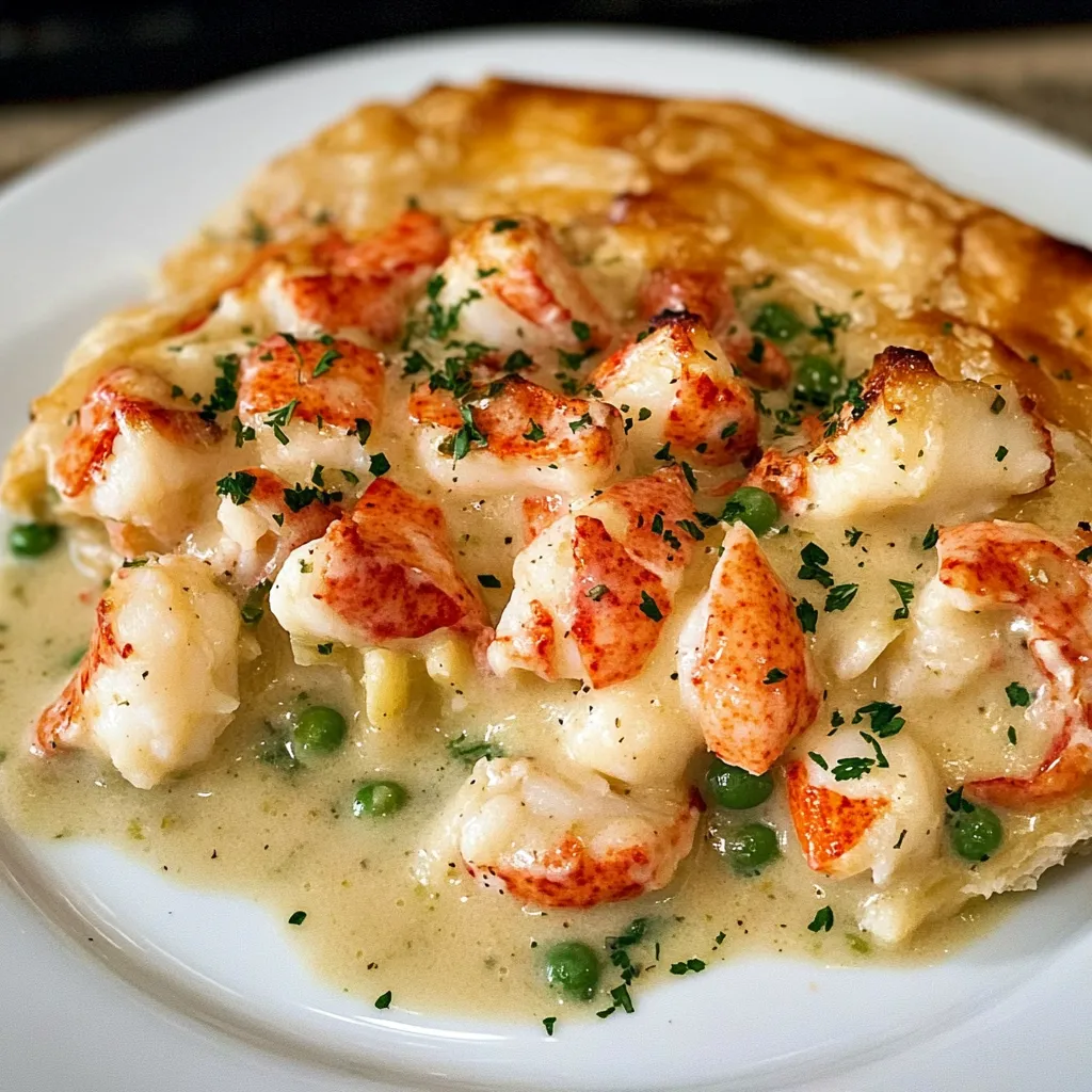A plate of food with lobster and peas.