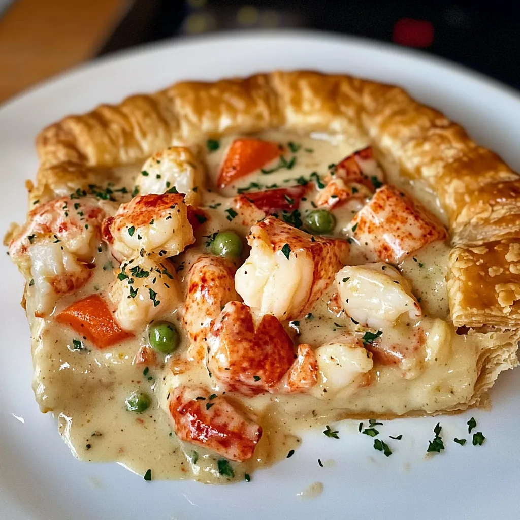 A white plate with a lobster and shrimp pie.