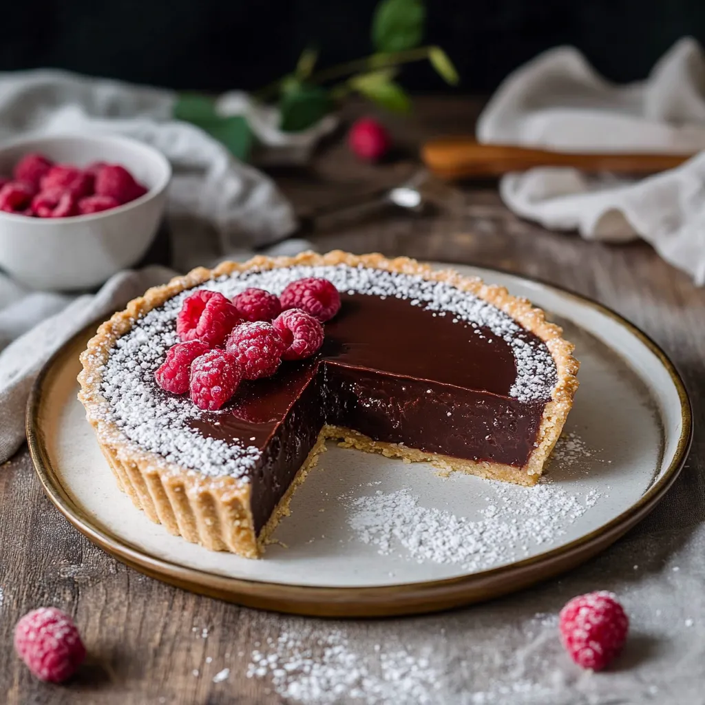 A slice of chocolate cake with raspberries on top.
