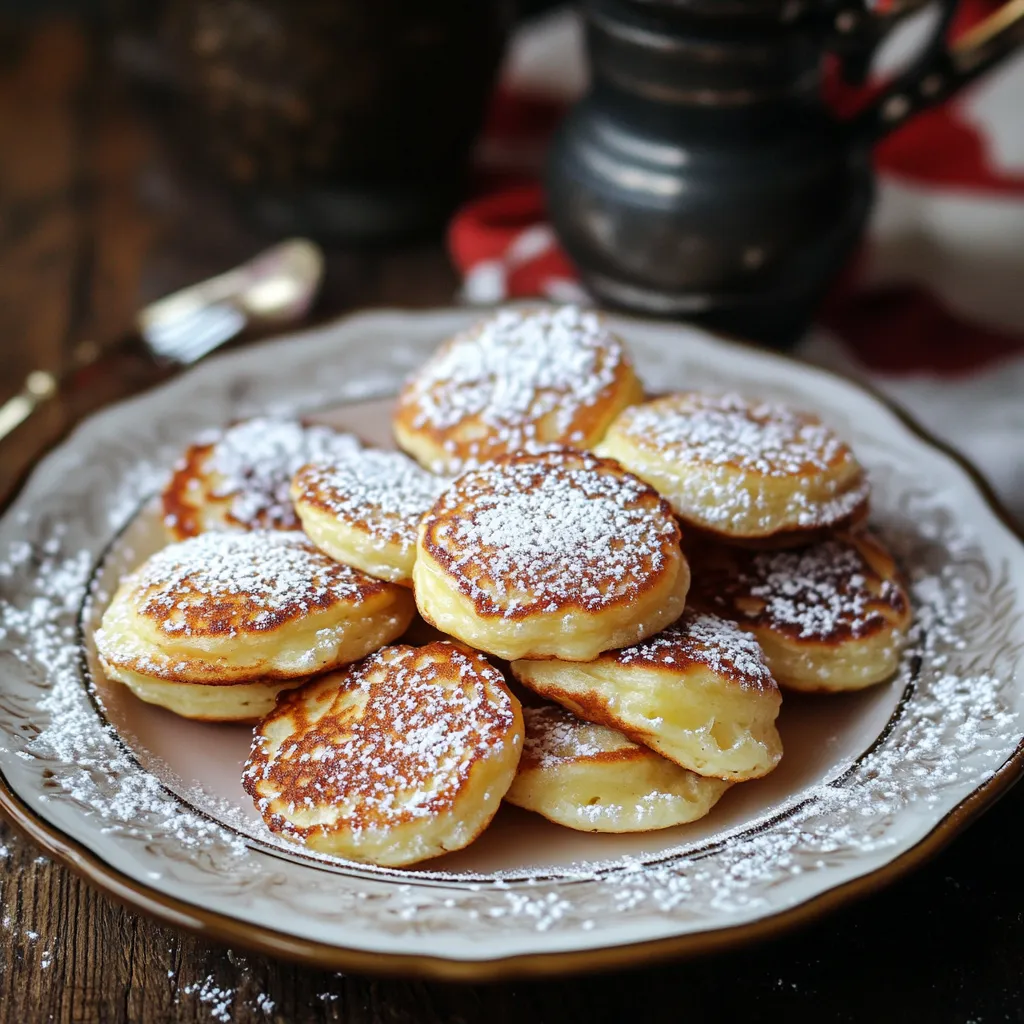 A plate of pancakes with powdered sugar on top.