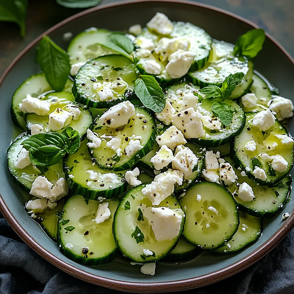 A plate of sliced cucumbers with feta cheese.