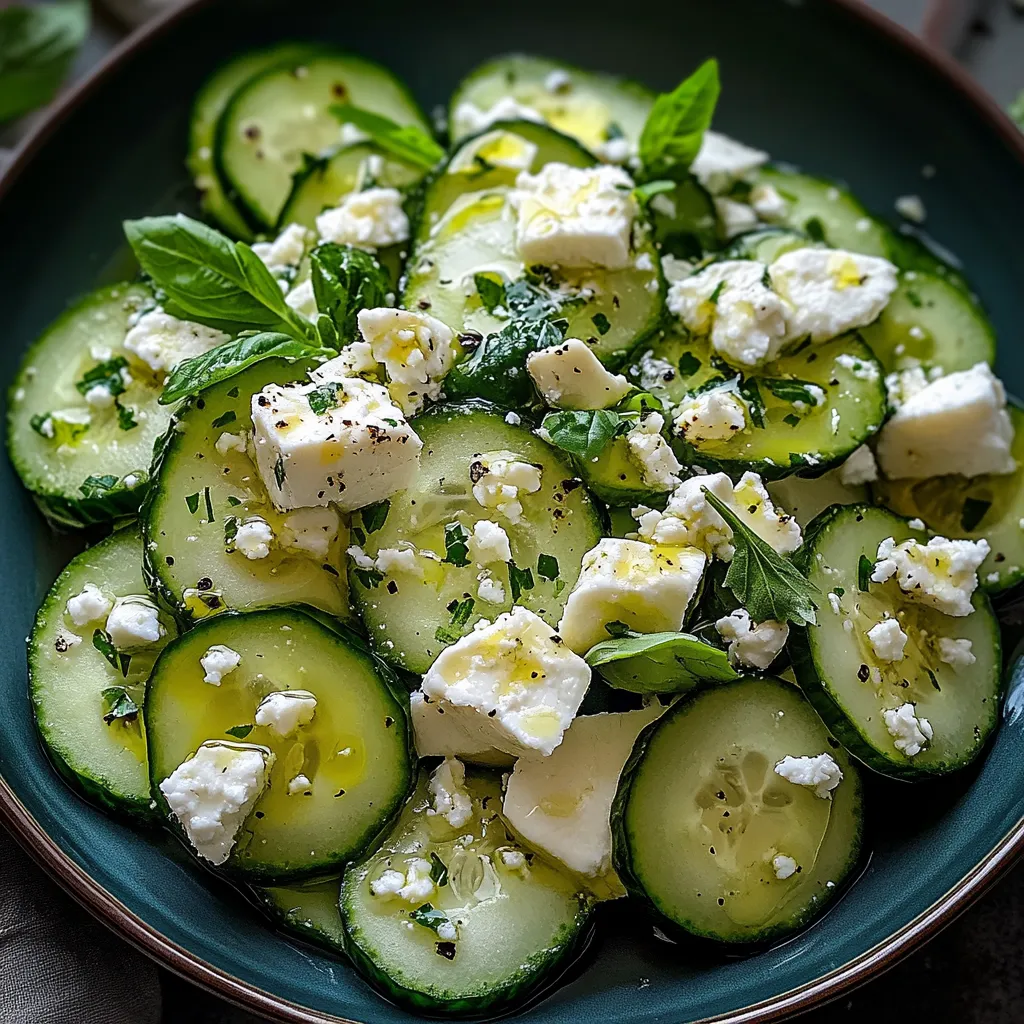 A bowl of sliced cucumbers with feta cheese.