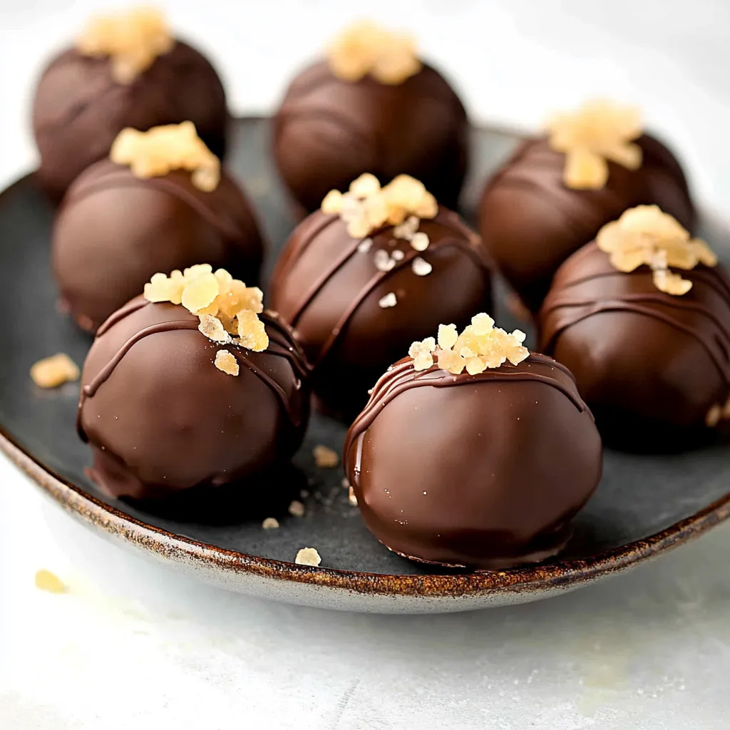 A plate of chocolate covered balls with nuts on top.