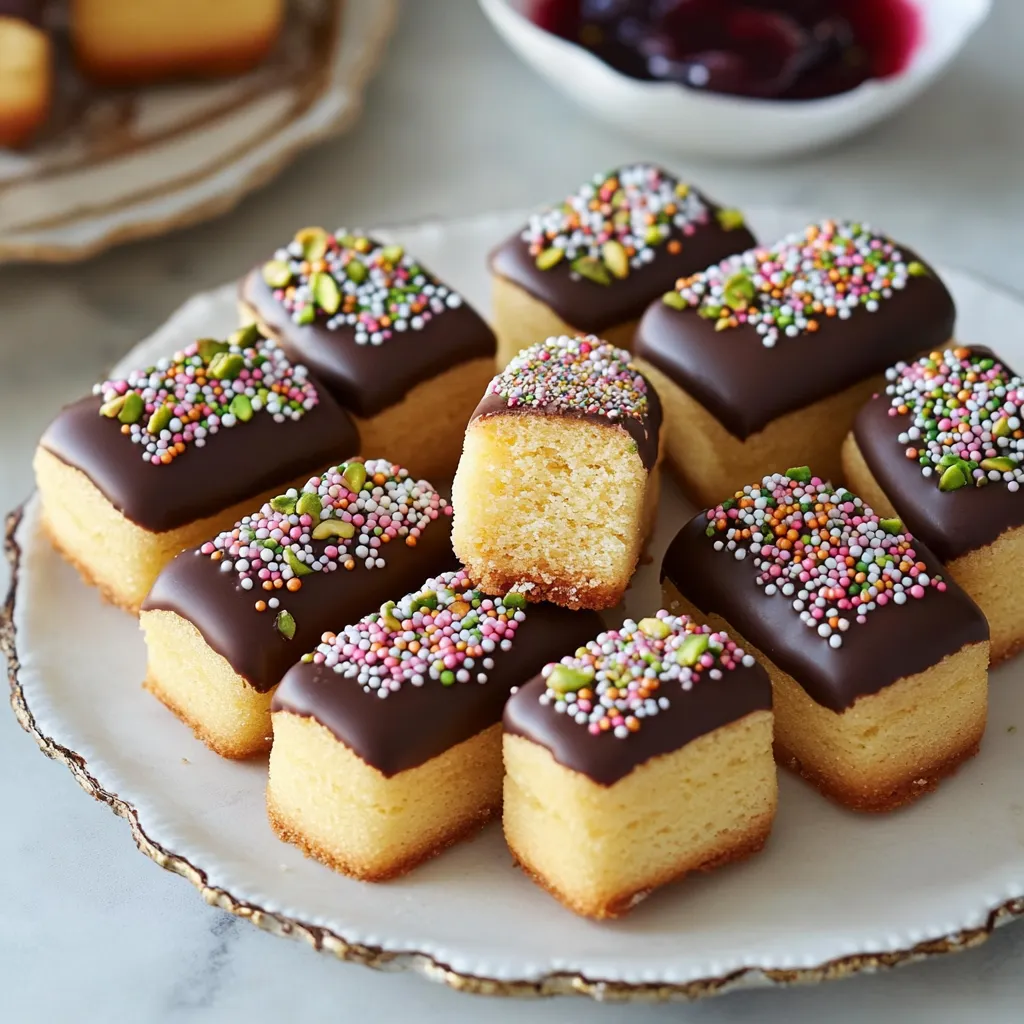 A plate of cake with chocolate and sprinkles.