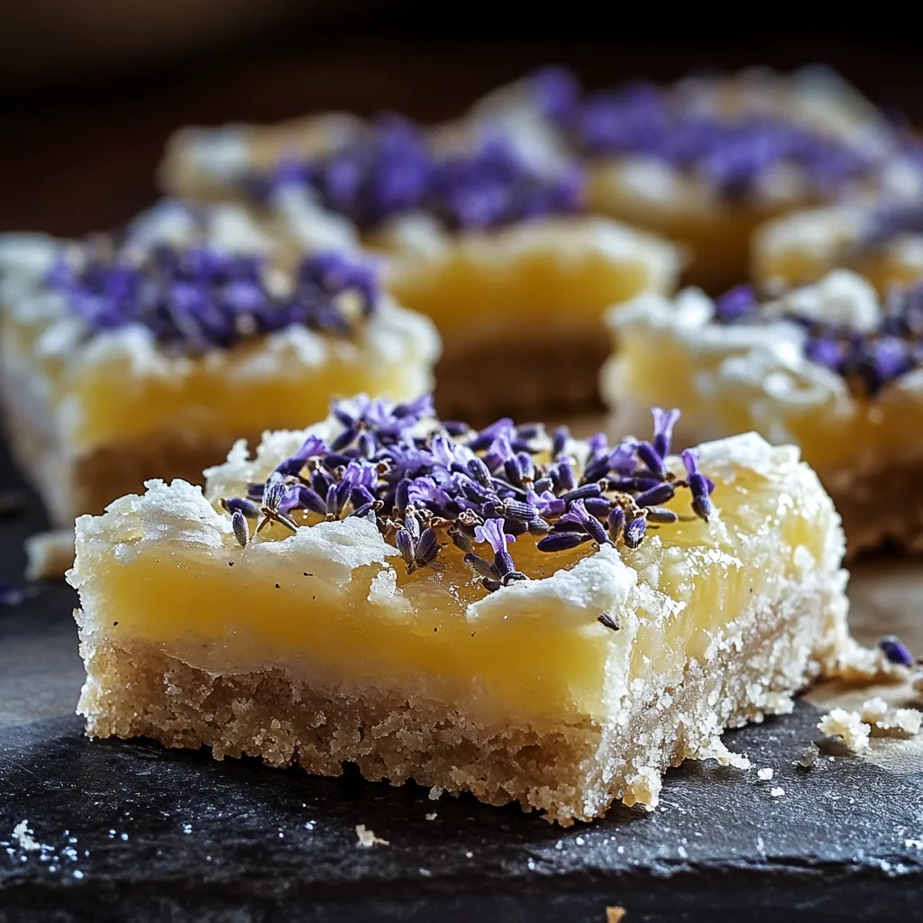 A square of cake with purple flowers on top.