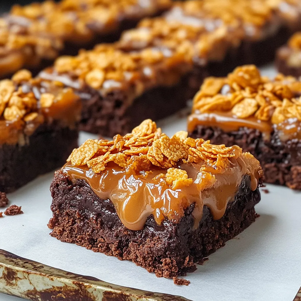A close up of a brownie with caramel drizzle.