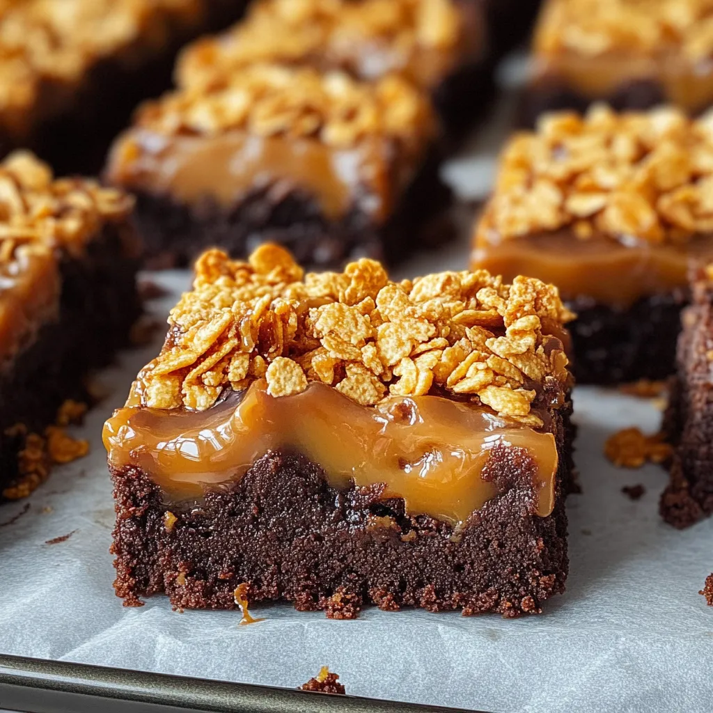 A square of chocolate cake with caramel drizzle.