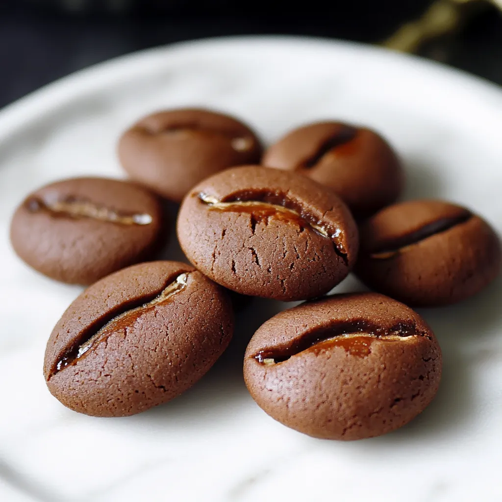 Chocolate covered coffee beans on a white plate.