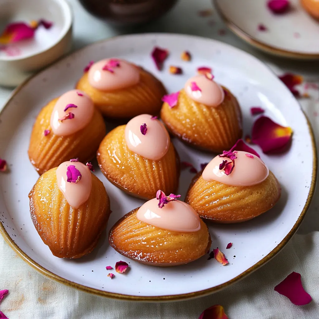 A plate of pastries with pink frosting and rose petals.