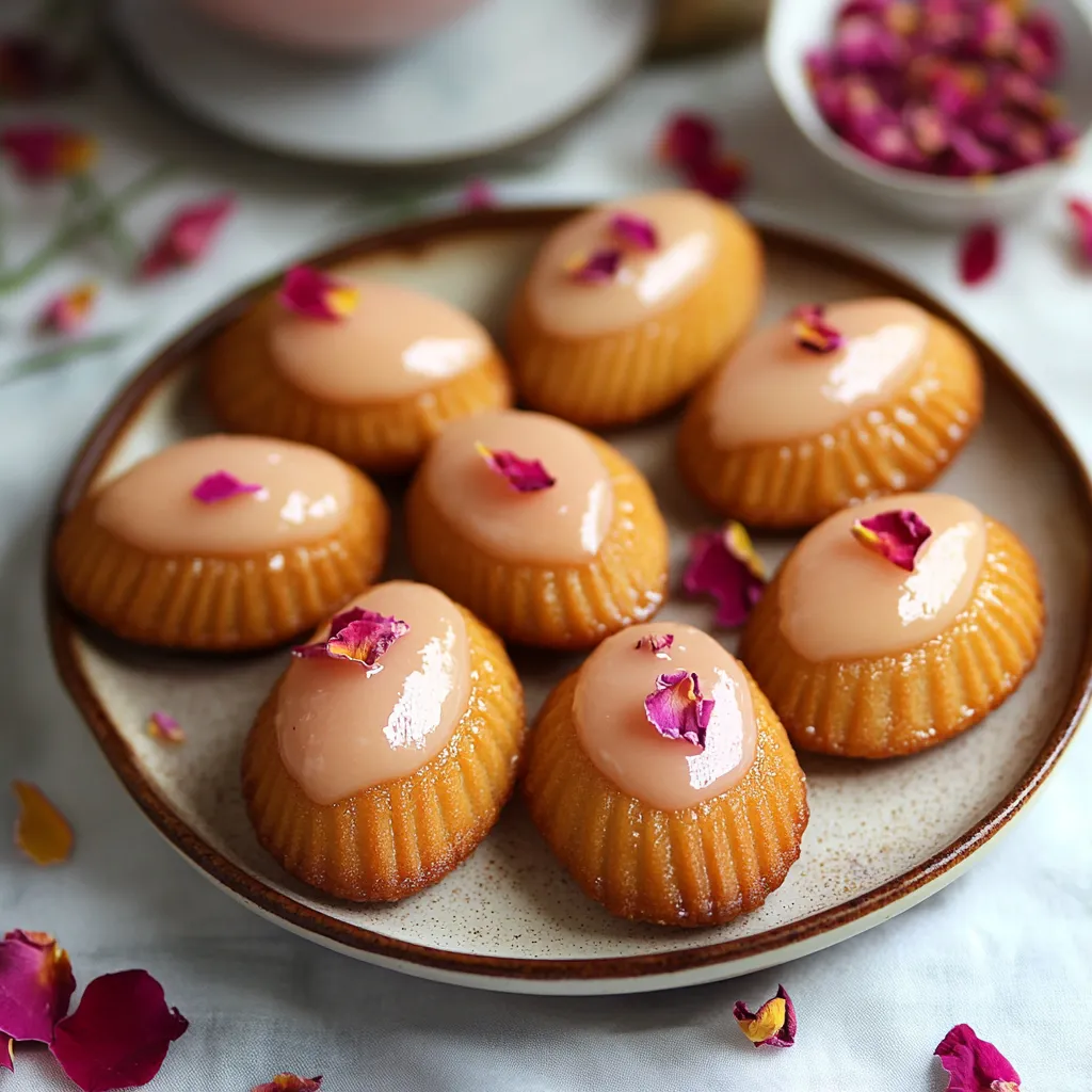 A plate of cupcakes with a rose petal on top.