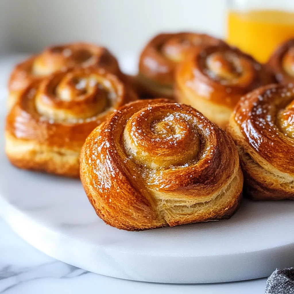 A plate of pastries with a glass of orange juice.