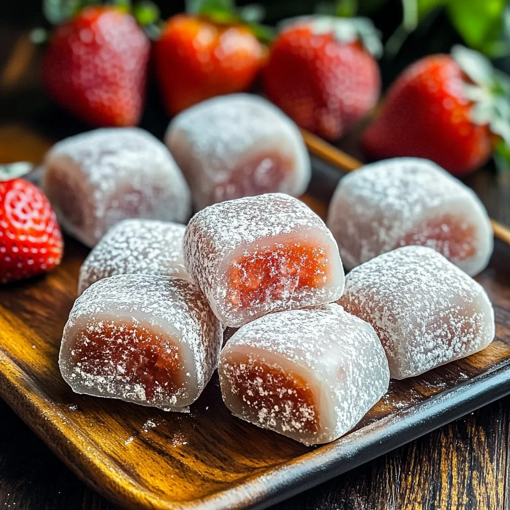 A wooden tray with strawberries and frozen strawberry desserts.