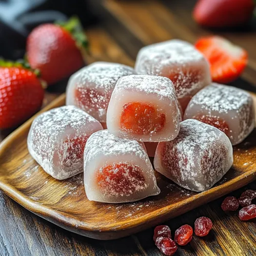 A plate of strawberry and white sugar desserts.