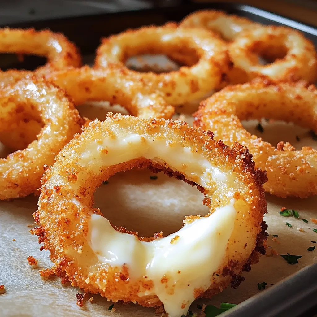 A tray of onion rings with cheese.