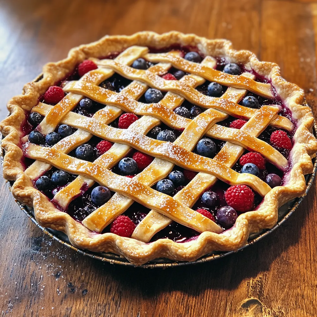 A pie with blueberries and raspberries on top.