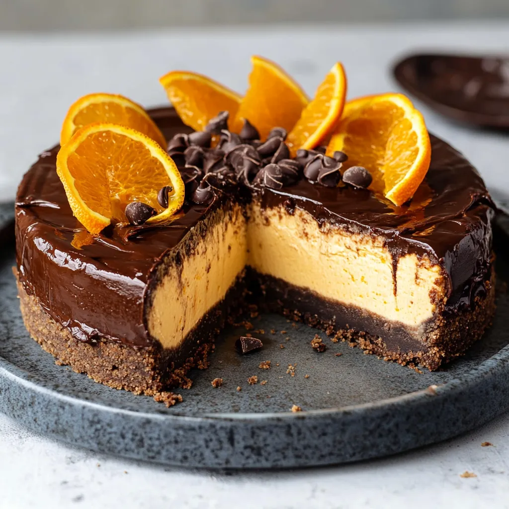 A slice of chocolate cake with orange slices on top.