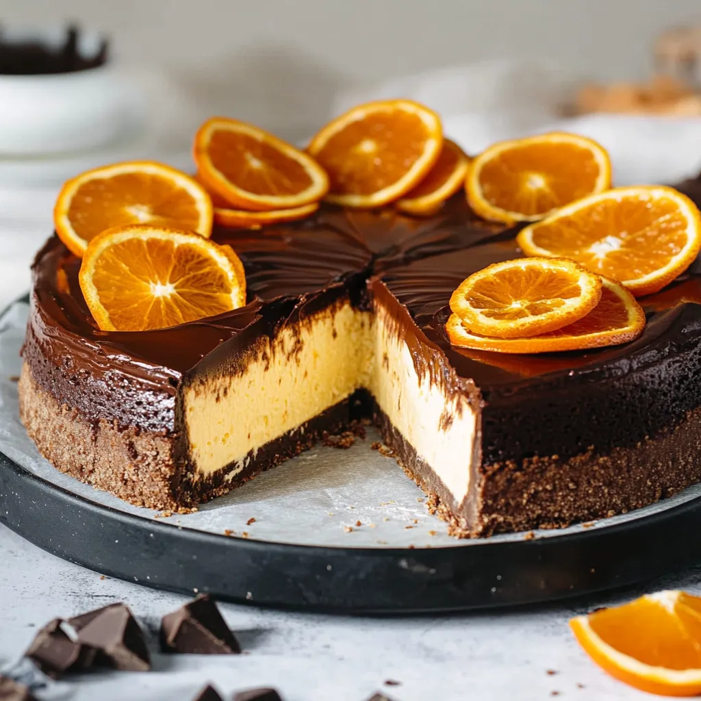 A slice of chocolate cake with orange slices on top.