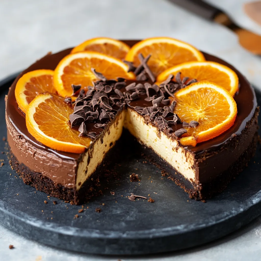 A slice of chocolate cake with orange slices on top.