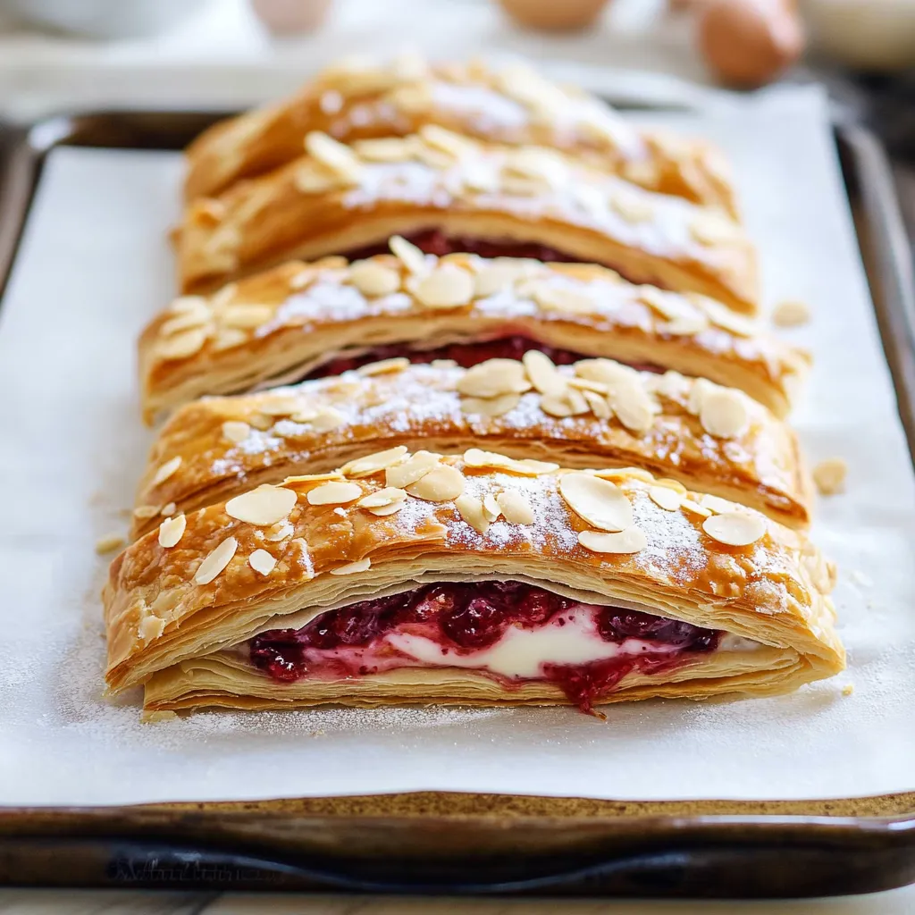 A tray of pastries with powdered sugar and berries.