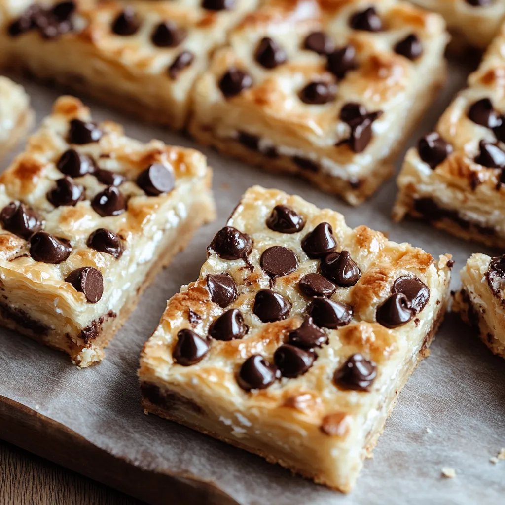 A square of chocolate chip cheesecake.