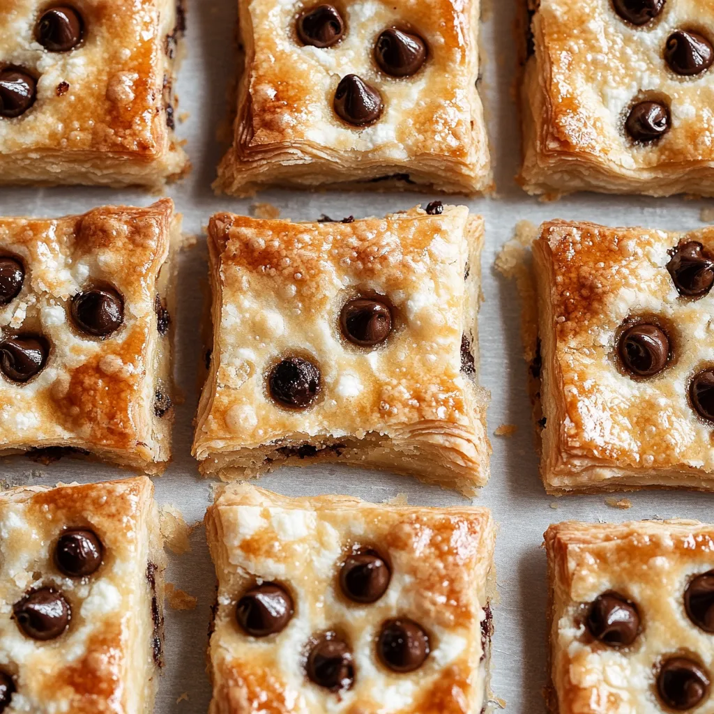 A square of food with chocolate chips.