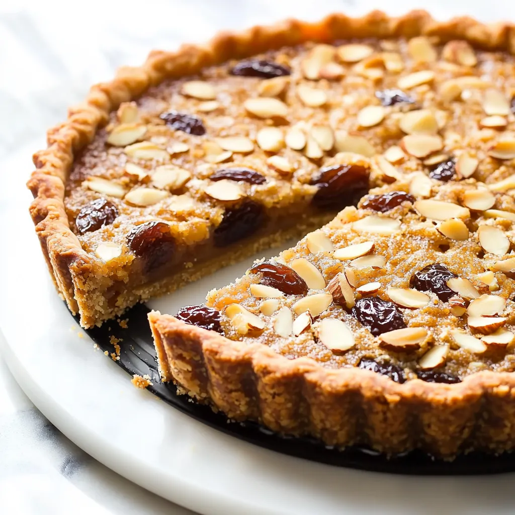 A slice of pie with almonds and raisins.