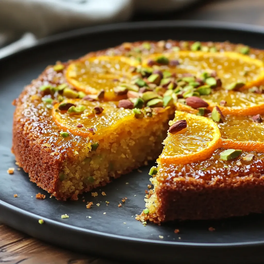 A slice of orange cake with almonds on top.