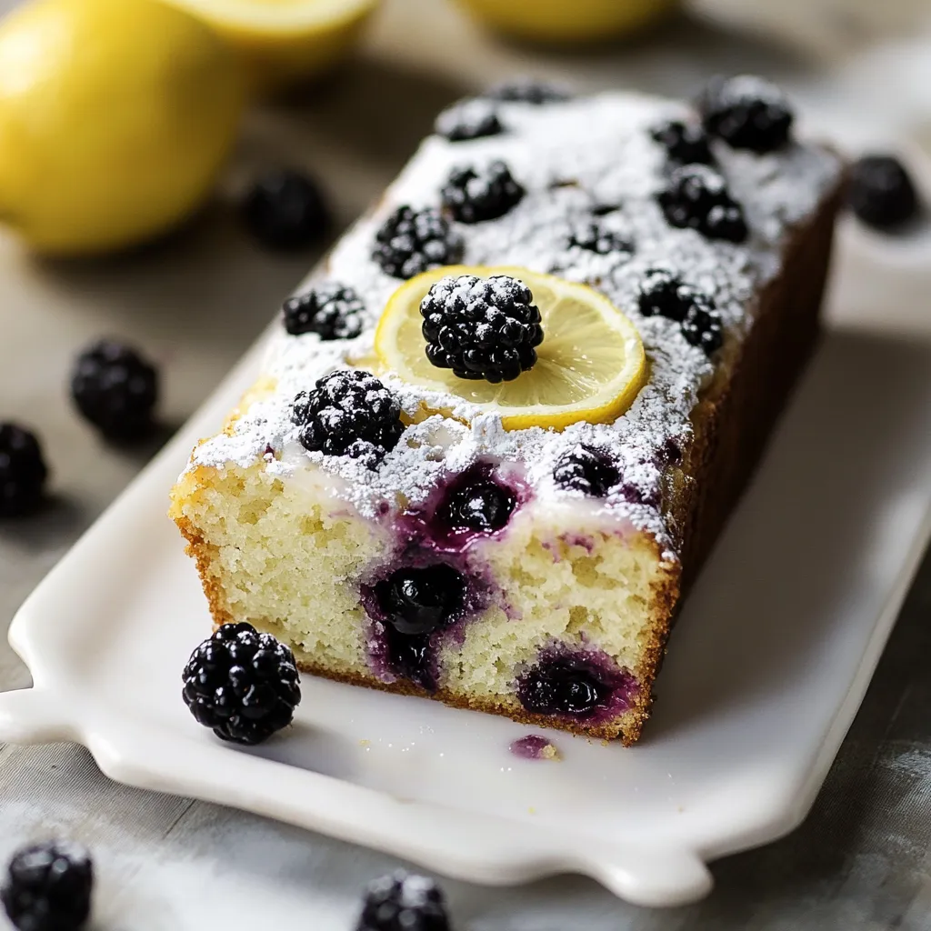 A slice of cake with blueberries and lemon on top.