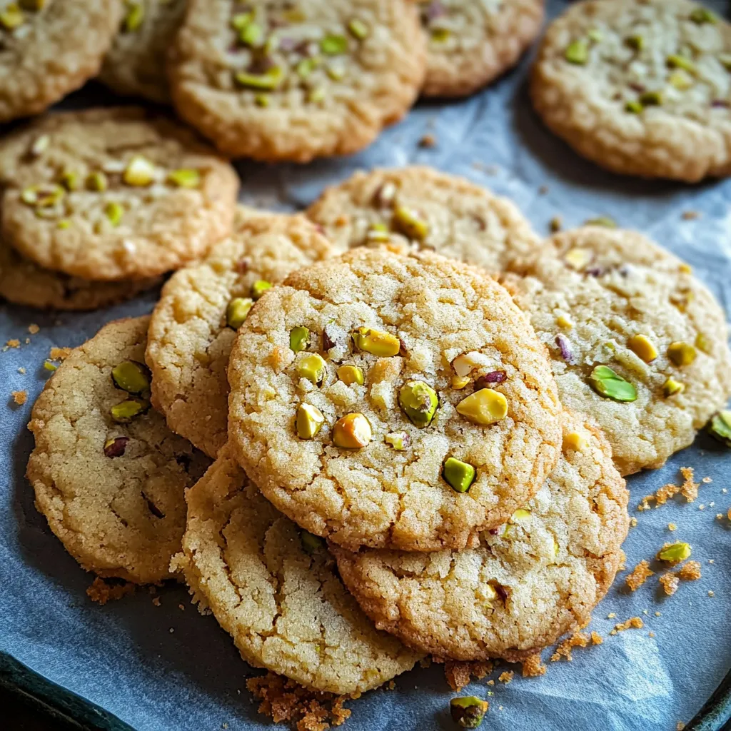 A plate of cookies with pistachio nuts on top.
