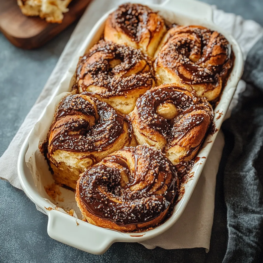 A white bowl filled with chocolate covered cinnamon rolls.